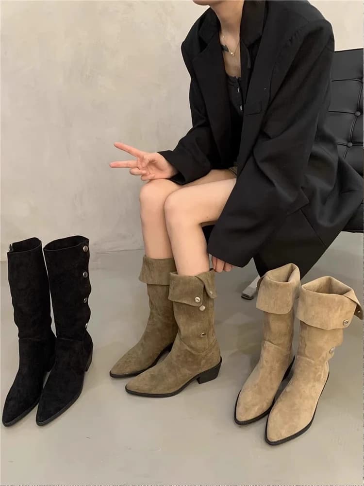 Stivali da donna a punta alta marroni, stivali da cavaliere autunno inverno, stivali lunghi da cowboy western, stivali coreani a tubo corto