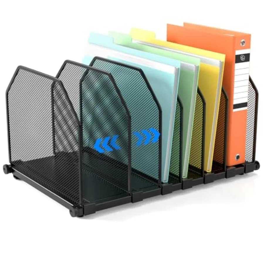 Adjustable File Organizer for Desk, 6 Sections Vertical File Folder Holders Desktop Binder Organizer, Mesh Desk Organizer File
