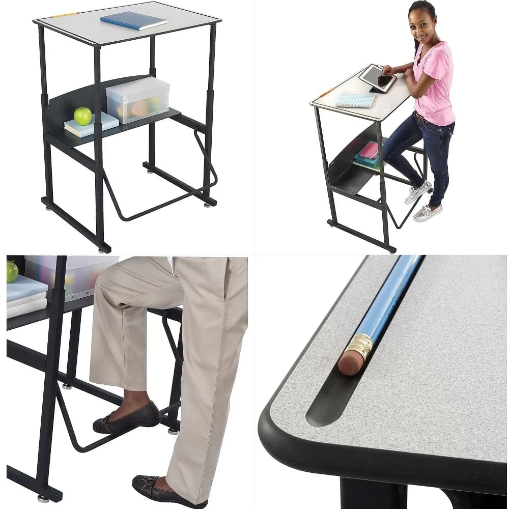 Scrivania per studenti AlphaBetter StandUp con porta libri, dotata di barra poggiapiedi oscillante e piano di lavoro resistente da 28 W x 20 D, Ad