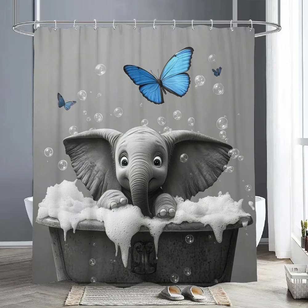 Funny Cute Elephant Fun Animals in Bathtub Shower Curtain，Bathroom Decorative Shower Curtain, Printed Shower Curtain with Hooks