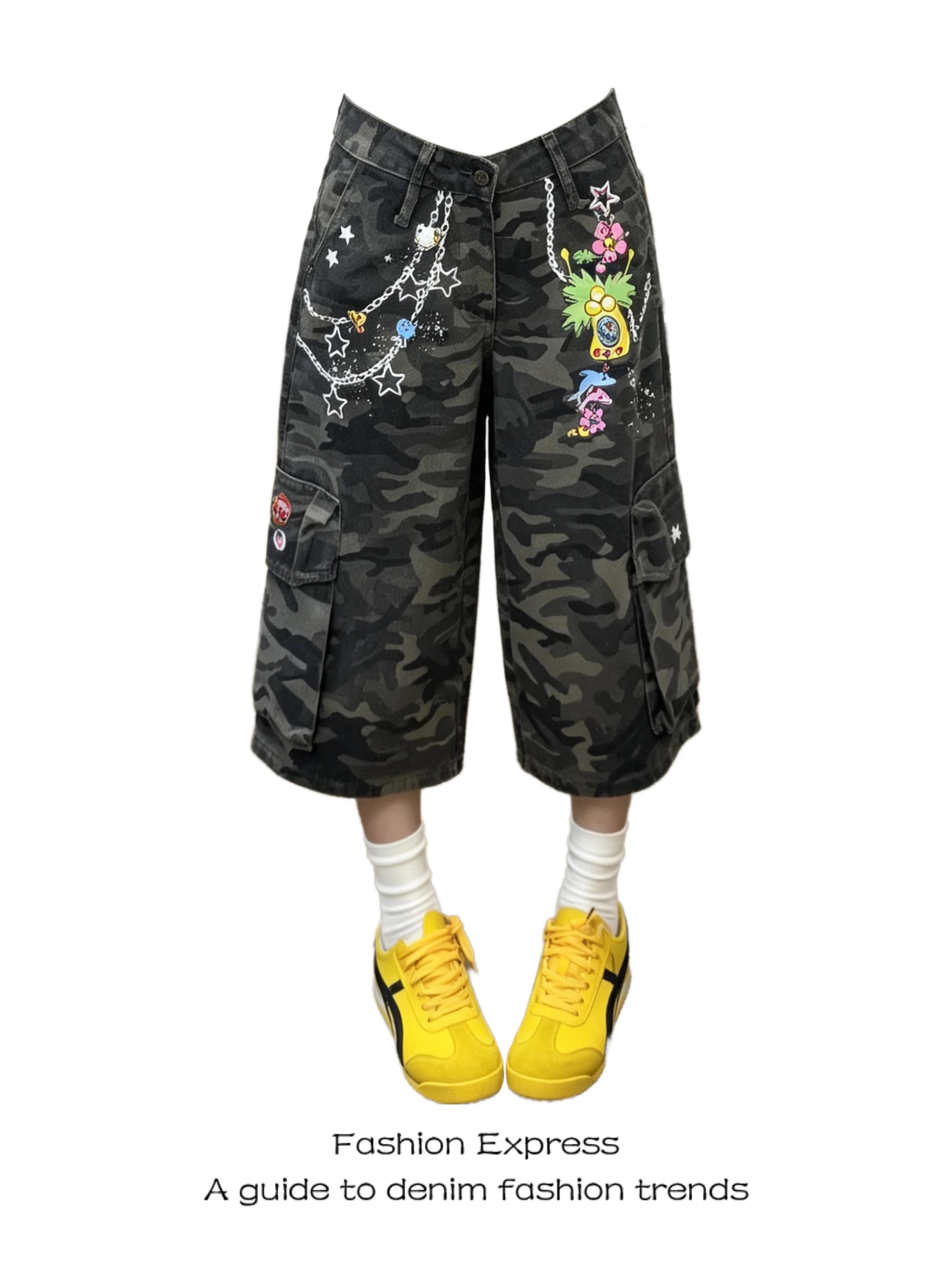 American Style Seven-Foot Pants Women's Summer New Multi-Pocket Camouflage Casual Straight Leg Wide Leg Short Jeans