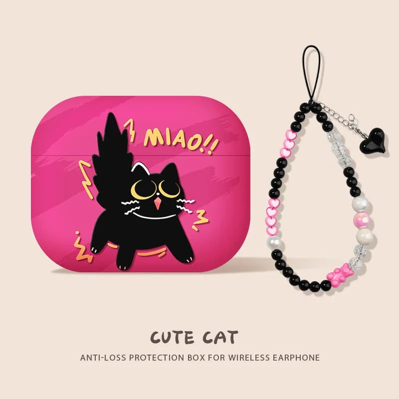 For AirPodsPro3 Pro2 Pro for AirPods1 2 3 4th Generation Wireless Bluetooth Headset Cover Cute Cat Soft Shell with Hanging Chain