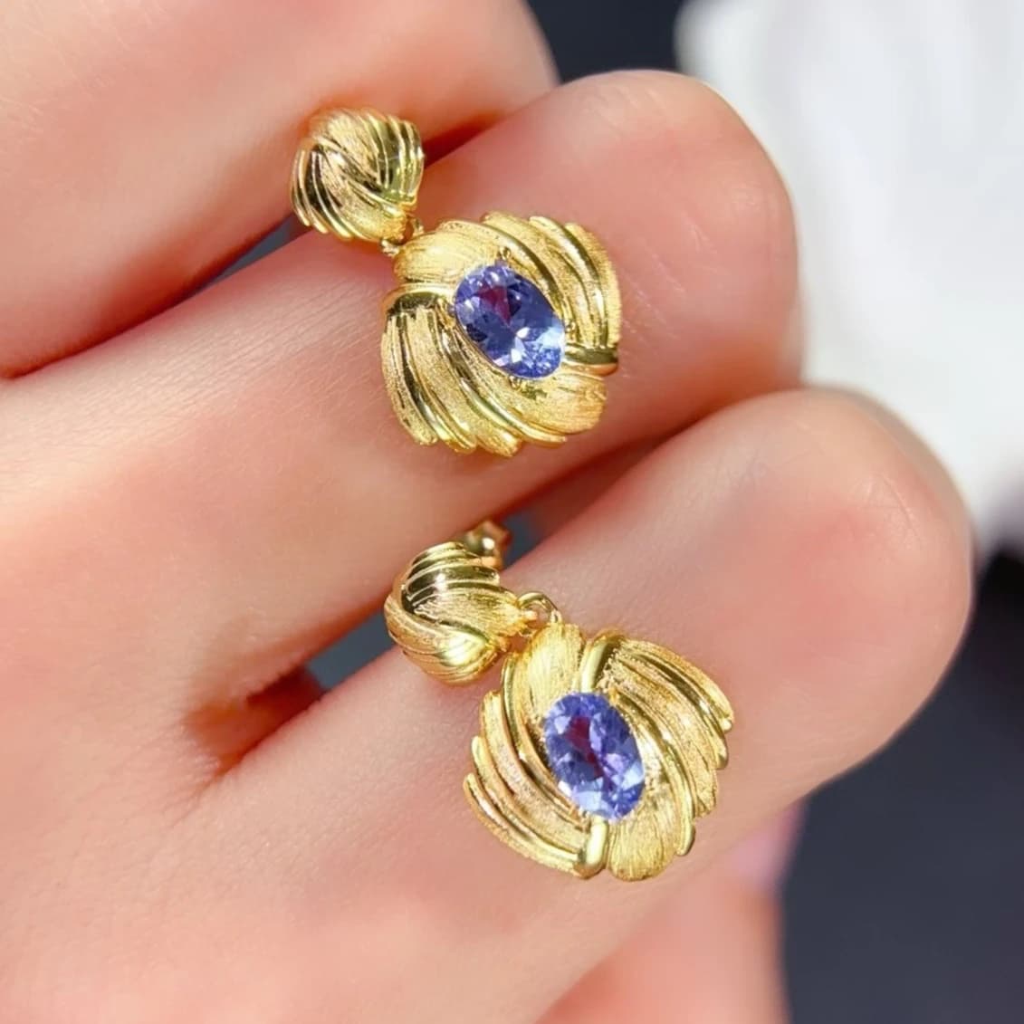 Genuine Natural Tanzanite 925 Silver Earrings, 6x4mm Real Tanznaite Silver Jewelry Chic Swirl Design Earrings with Gold Plating