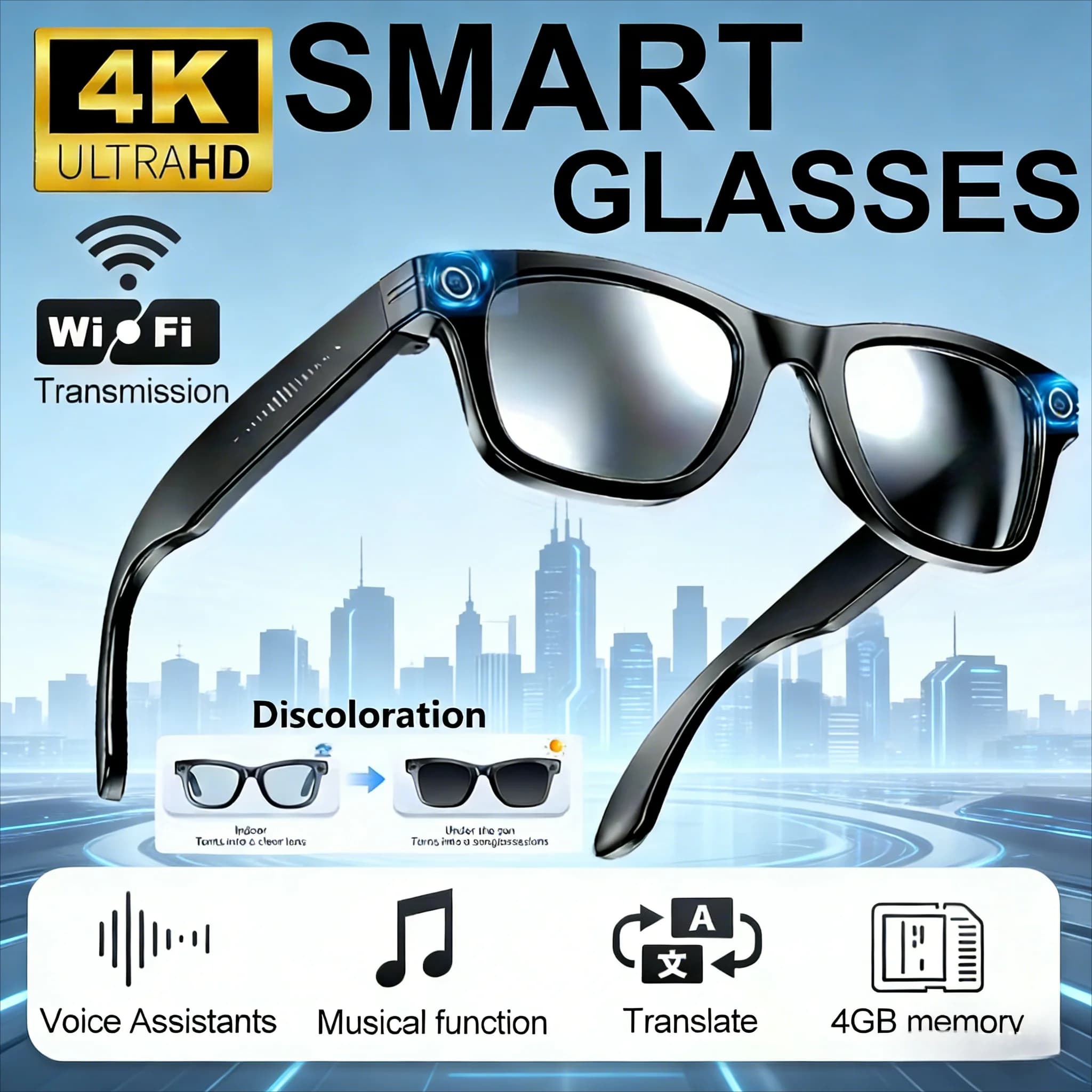 Intelligent AI glasses with Camera and Photo Features, equipped with an 8MP camera, 1080P HD video recording, 4K resolution