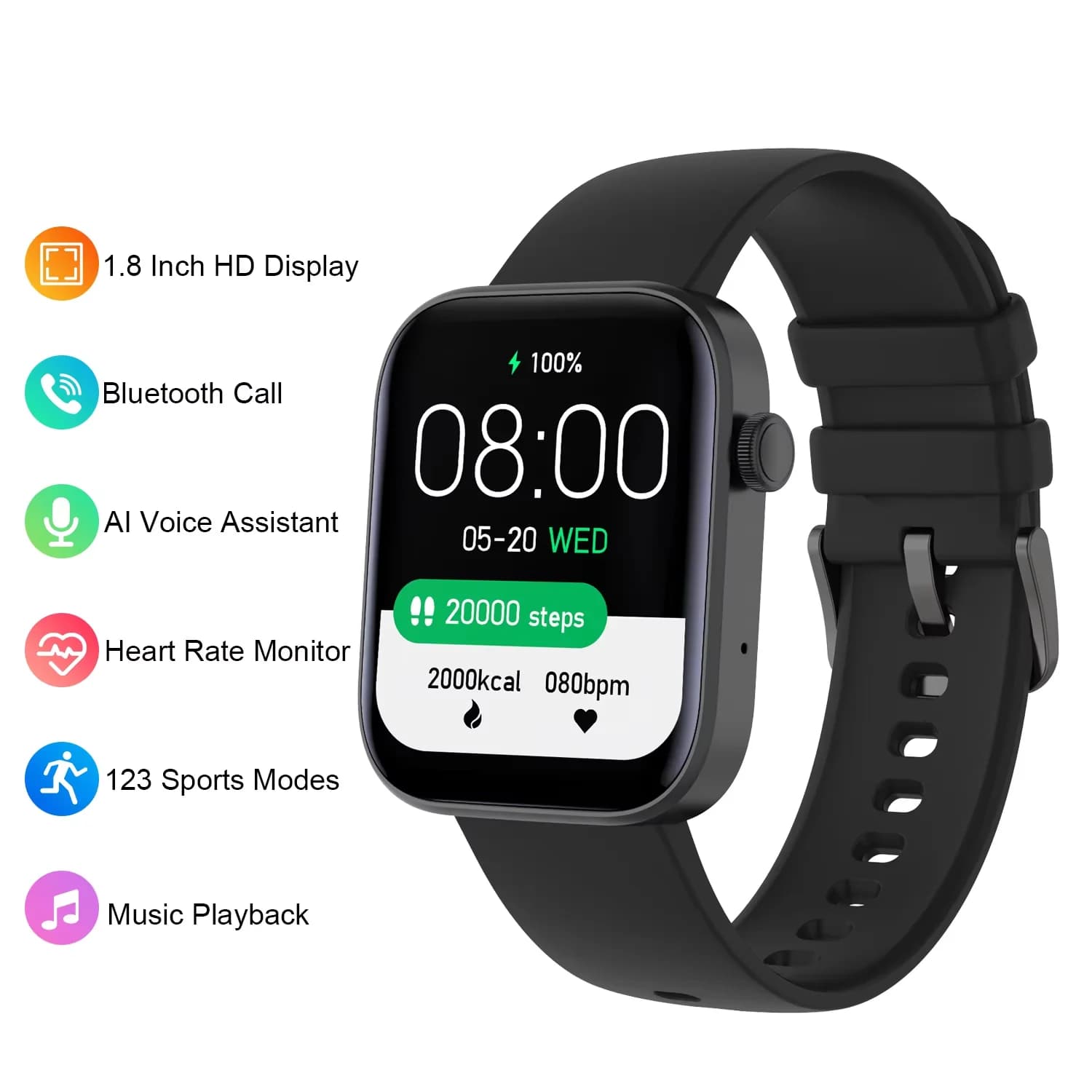 Smartwatch con Chiamata Bluetooth, Schermo Full Touch da 1.8 Pollici, Assistente Vocale, Braccialetto Sportivo, Monitoraggio del Sonno e della Frequenza Cardiaca