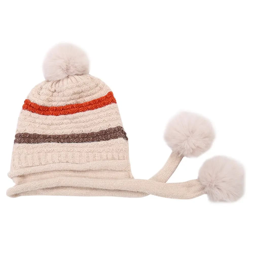 Cappello in Lana Lavorato a Maglia per Donna, Beige con Pompon, Copricapo Invernale Caldo, Berretto da Sci, Protezione per le Orecchie per Climi Freddi