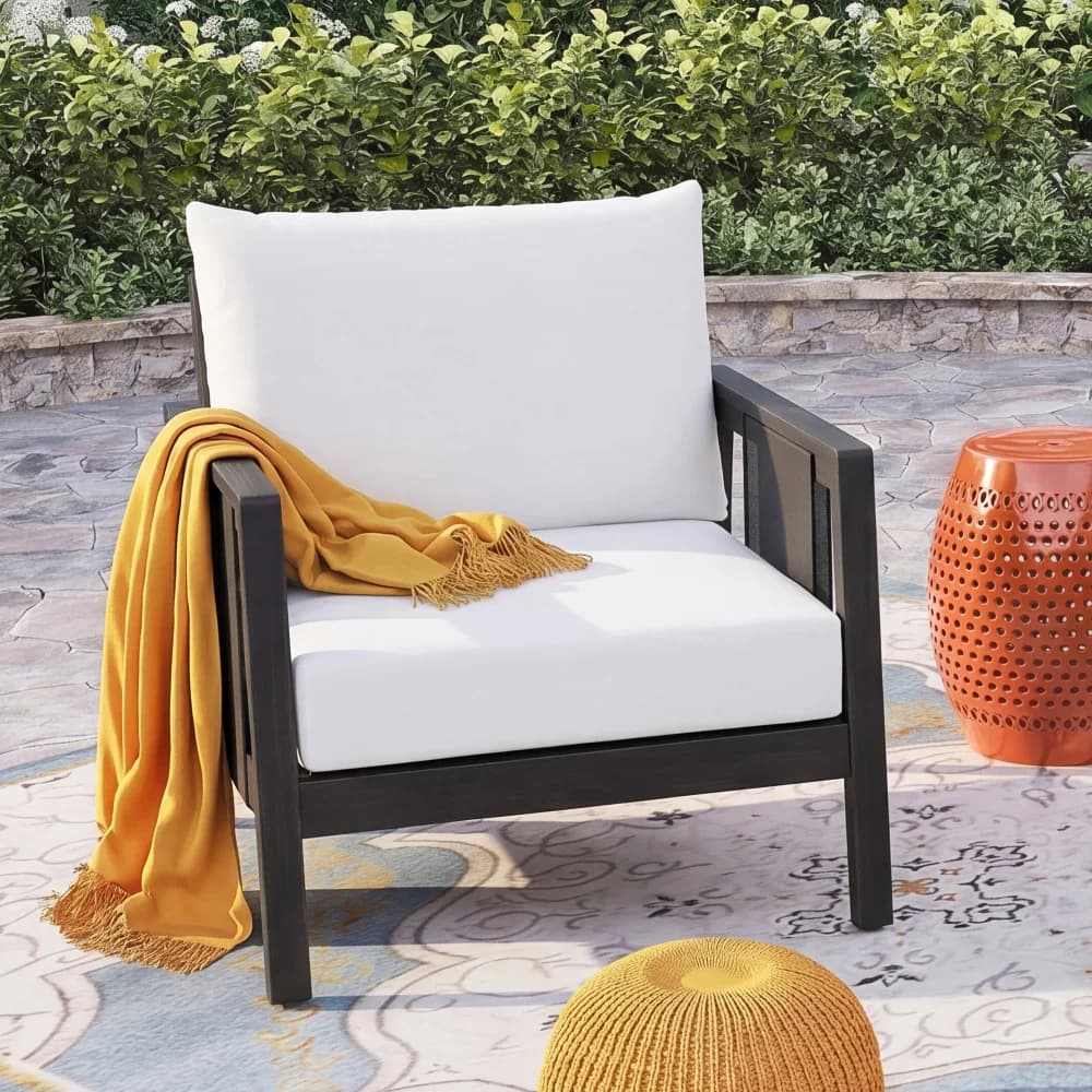 Ye Outdoor Club Chair, Acacia Wood Frame with Black Textilene Accents, Water-Repellent White Cushions for Patio, Backyard & Deck