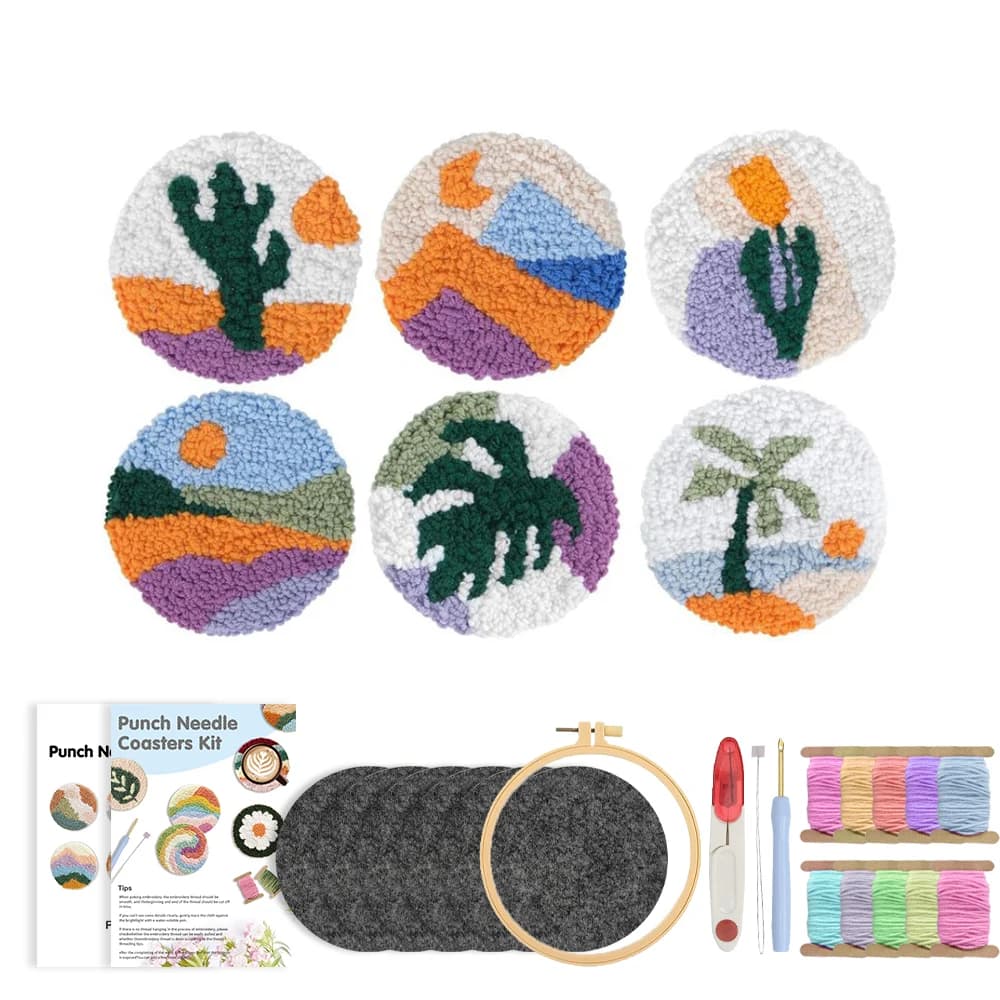 RUOPOTY 6pcs Punch Needle Coaster Beach Punch Needle Kits Adults Crafts Craft Kits Landscape Punch Needle Starter Kit Home Wall