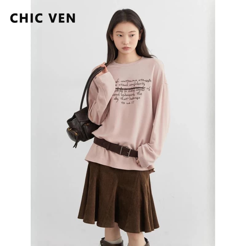 CHIC VEN New Women Long Sleeved T-shirt Loose Casual Round Neck Letter Embroidered Female Tops Undershirts Autumn Winter 2025