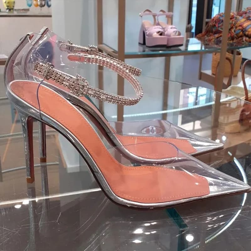 Strass trasparenti Estate Nuova testa a punta Bocca poco profonda Borsa con fibbia con una sola parola Testa Tacco sottile Tacco alto Scarpe singole da donna