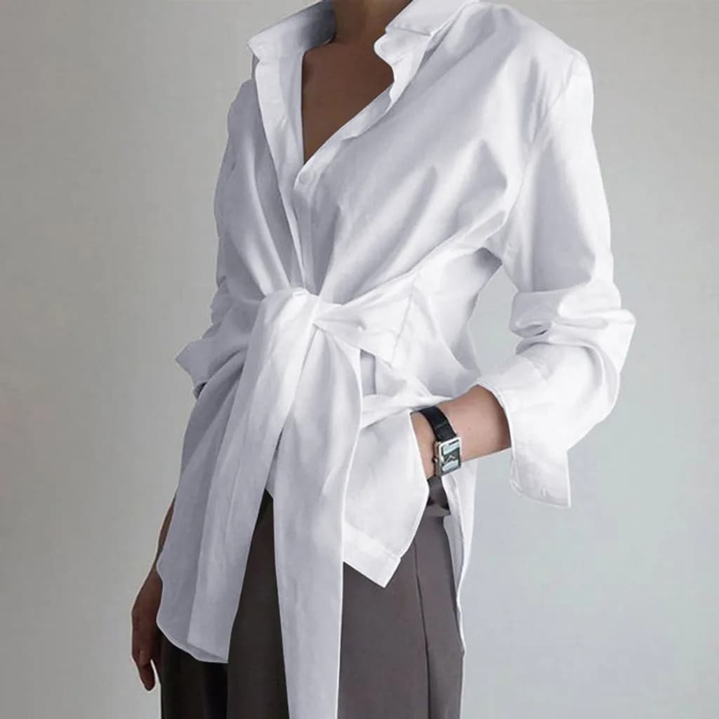 Camicette da donna Top Camicie Colletto rovesciato Primavera Y2k Streetwear Slim Fit Casual Lace Up Camicia da lavoro a vita alta Top Elegante bianco