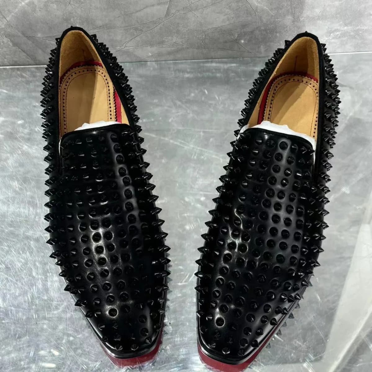Black Rivets Leather Men's Loafers Square Toe Luxury Casual Red Sole Shoes Male Banquet Wedding Groom Fashion Pumps Oxfords New