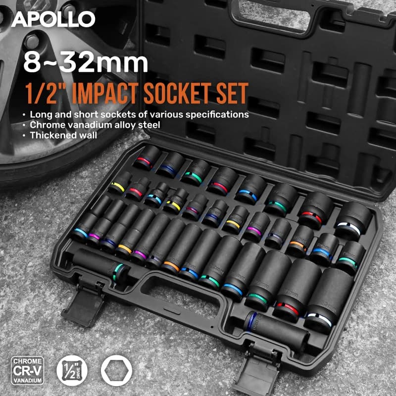 Set di bussole a impatto Apollo da 1/2" 10 pezzi 8-24 mm, prese pneumatiche in acciaio CrV a parete spessa con anelli colorati, kit di riparazione auto per pneumatici