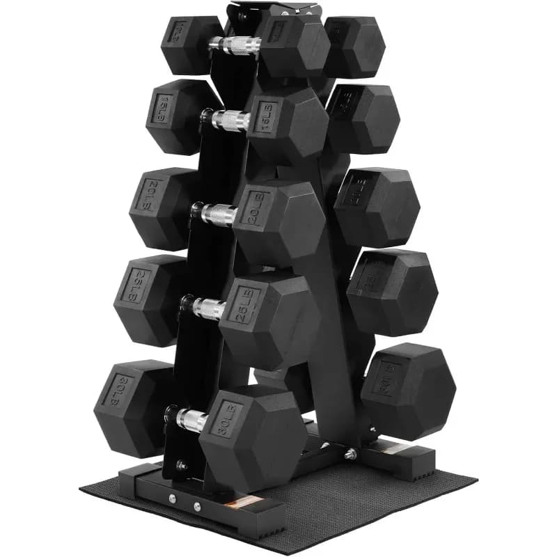 Set di manubri esagonali rivestiti in gomma BalanceFrom con supporto, set da 100 libbre, 150 libbre o 200 libbre