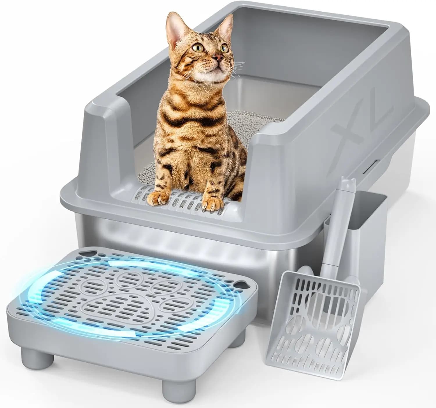 Lettiera per Gatti Extra Large in Acciaio Inossidabile con Coperchio, Design Anti-Perdita a Sponde Alte, Facile da Pulire, Include Paletta