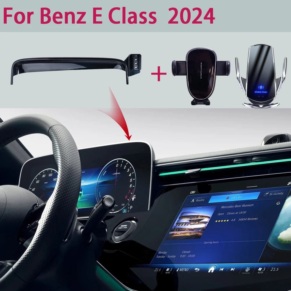 Supporto per telefono per auto per Mercedes-Benz Classe E W214 2024 Display multimediale Staffa fissa Supporto per telefono Supporto di ricarica wireless veloce