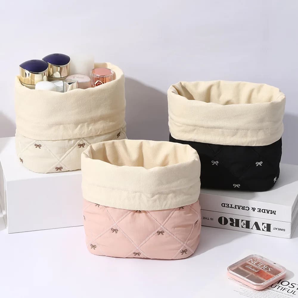 Borsa da viaggio in cotone per cosmetici, pochette ricamata con fiocco, versatile custodia con coulisse per trucchi e prodotti di bellezza