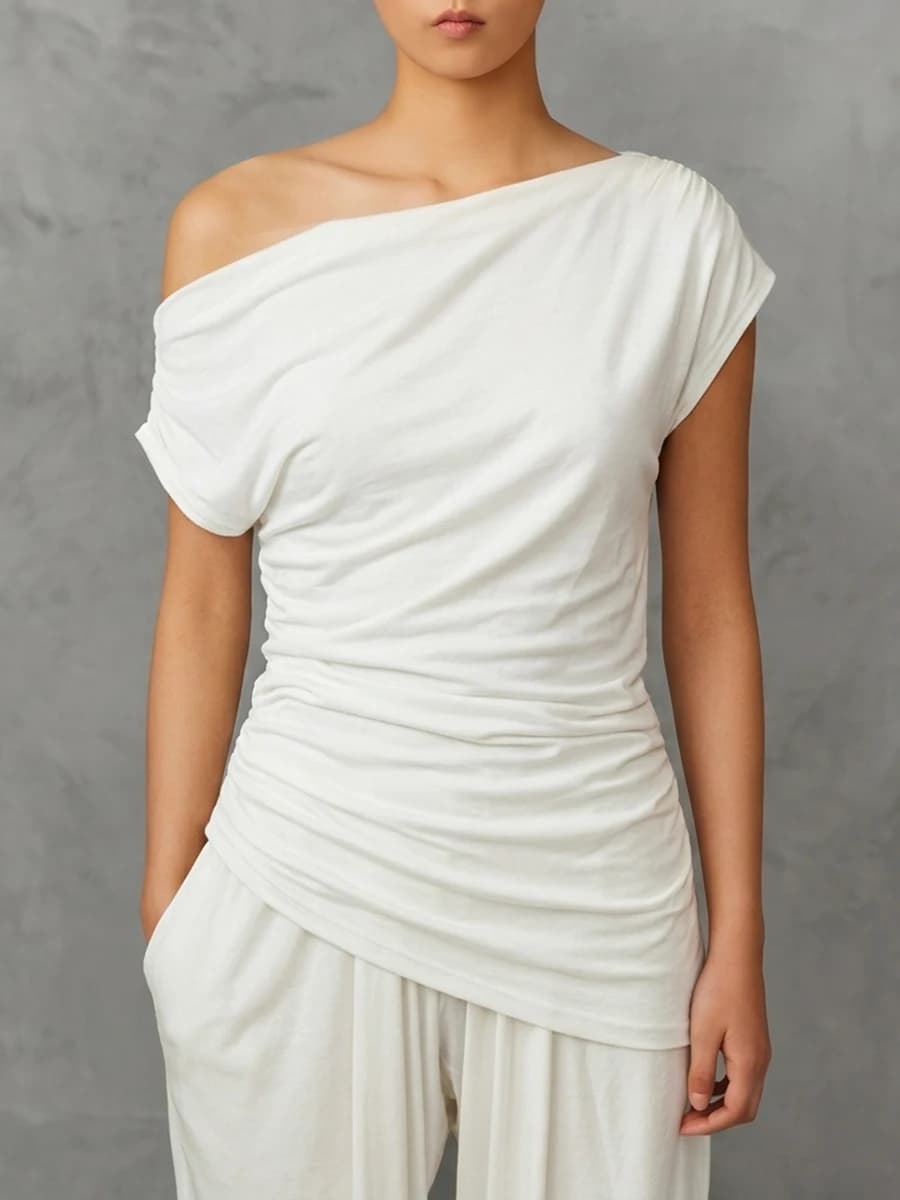 Freeacy Women White Asymmetric Off Shoulder Draped Cap Sleeve T-shirt Top Waist Ruched Twist Wrap Irregular Hem Casual Blouse