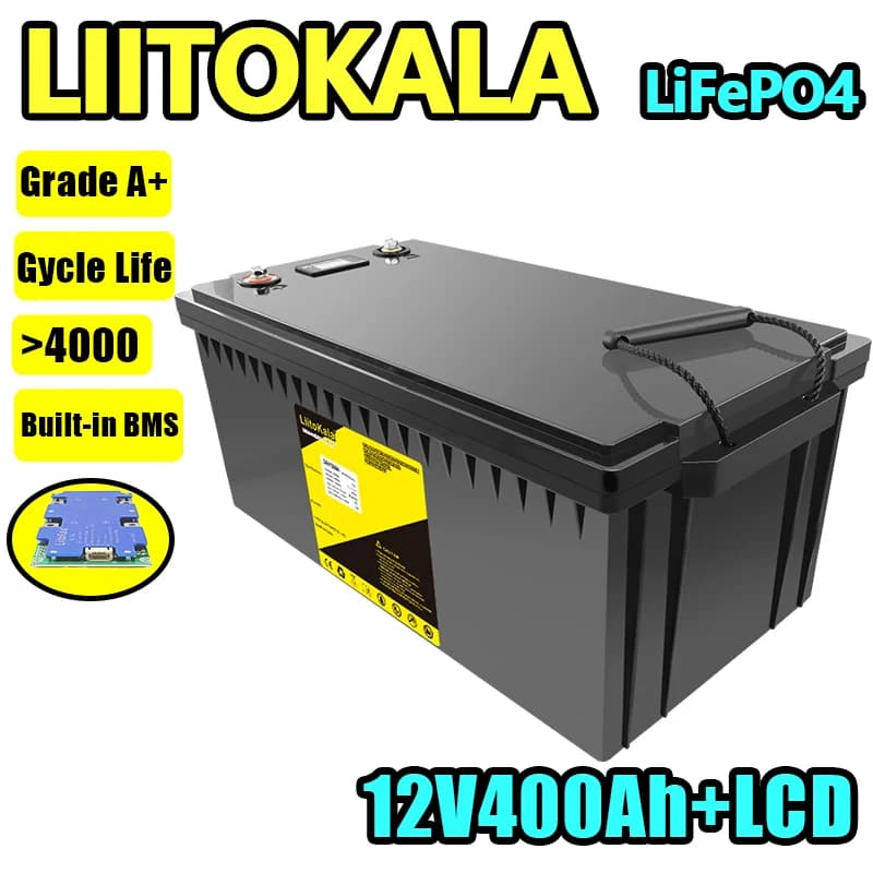 Batteria LiitoKala 12V 400Ah+LCD LiFePO4 con pannello di protezione integrato, adatta per veicoli da campeggio per camper, energia solare eolica