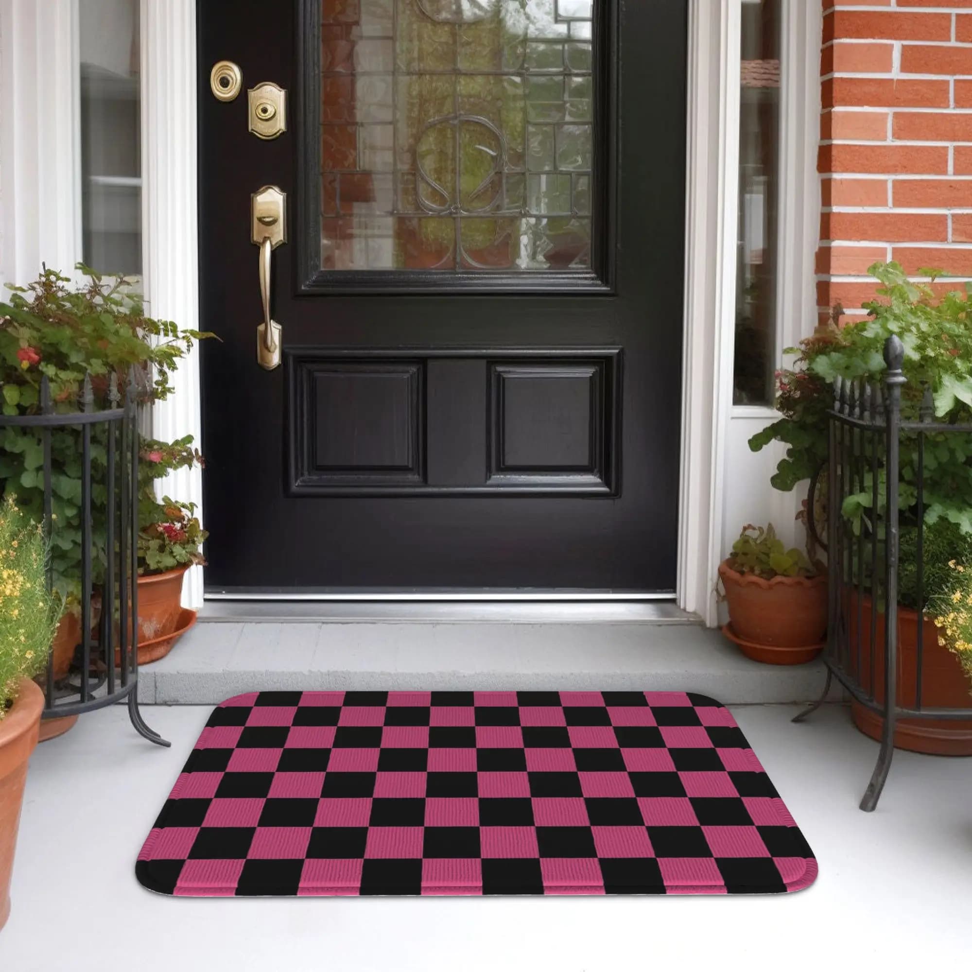 checkered checkerboard Pattern Black and Pink Doormat Absorbent Mat Carpet Rug Kitchen Entrance Home Floor Mat for Footpad Mats
