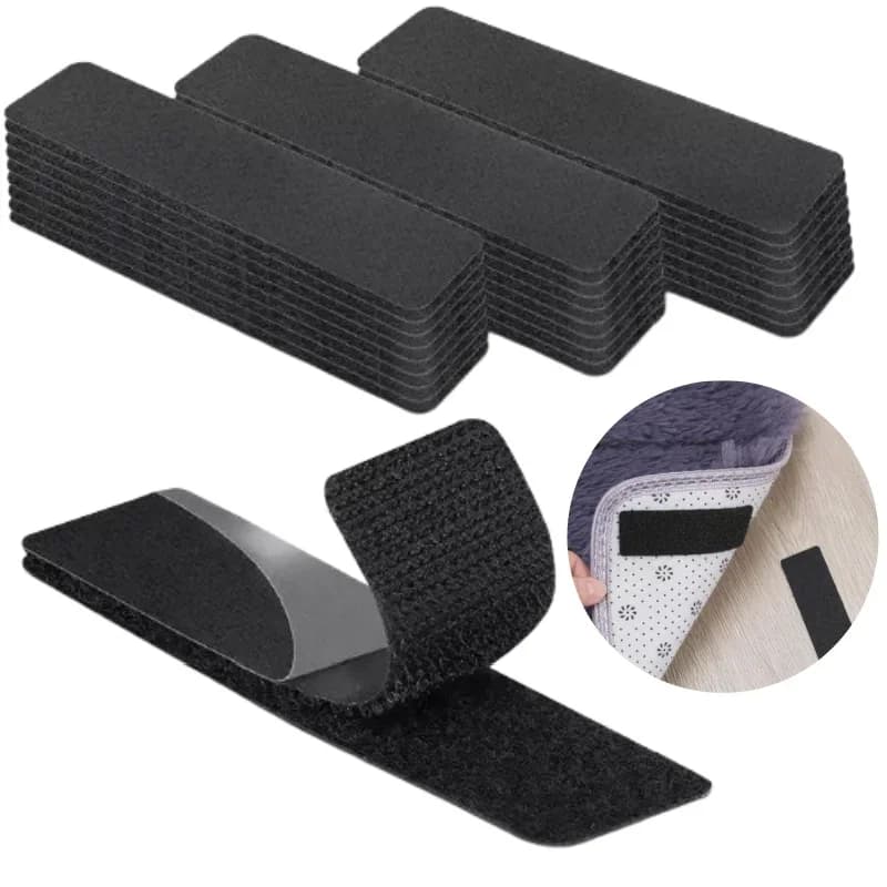 Resistant adhesive tape with hook and two-sided adhesive ring to fix bed linen, non-slip carpet, concealed adhesive fastener