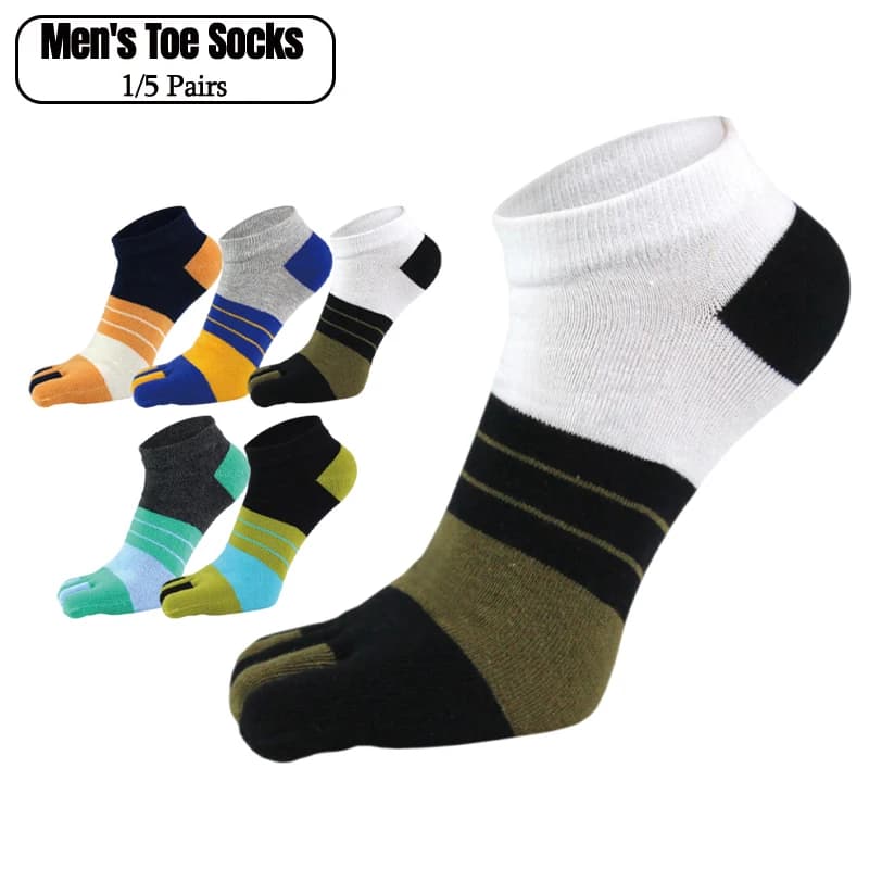 1/5 Pairs Men Colorful Stripe Five Toe Socks Cotton Breathable Sweat Wicking Split Finger Short Socks Running Five Finger Socks