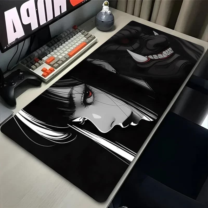 Tappetino per mouse PC Anime Tappeto per tastiera per ragazze sexy Tappeto per mouse Manga in bianco e nero Tappetino per scrivania da gioco per laptop XXL Devil Oni Mask Tappeto morbido