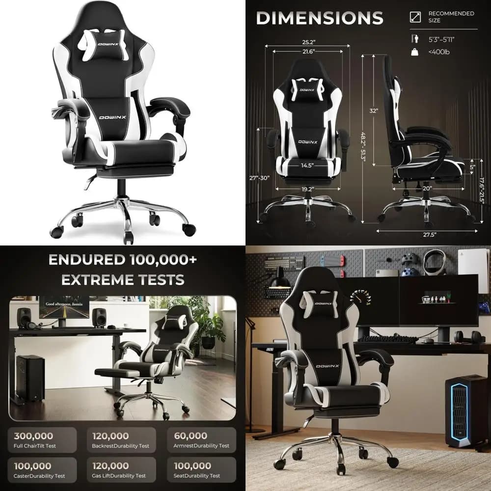 Sedia da gioco ergonomica per carichi pesanti con poggiapiedi, supporto lombare per massaggi, altezza regolabile e cuscino poggiatesta per un comfort O