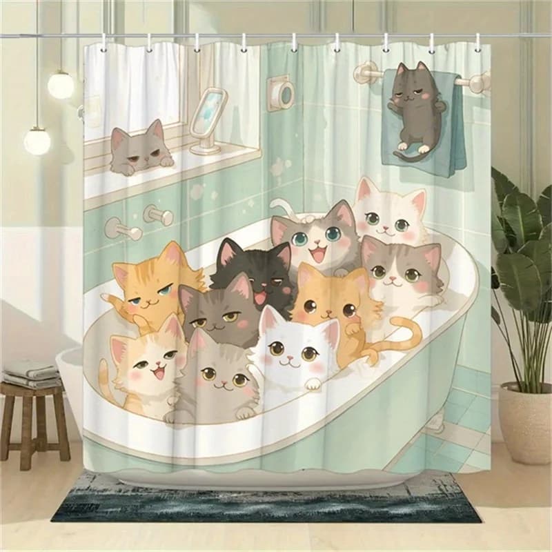 Tenda da doccia con gatti dei cartoni animati giocosi - 12 ganci, design dei nove gatti nella vasca da bagno, verde menta, tavolozza pastello, 70,8x70,8 pollici