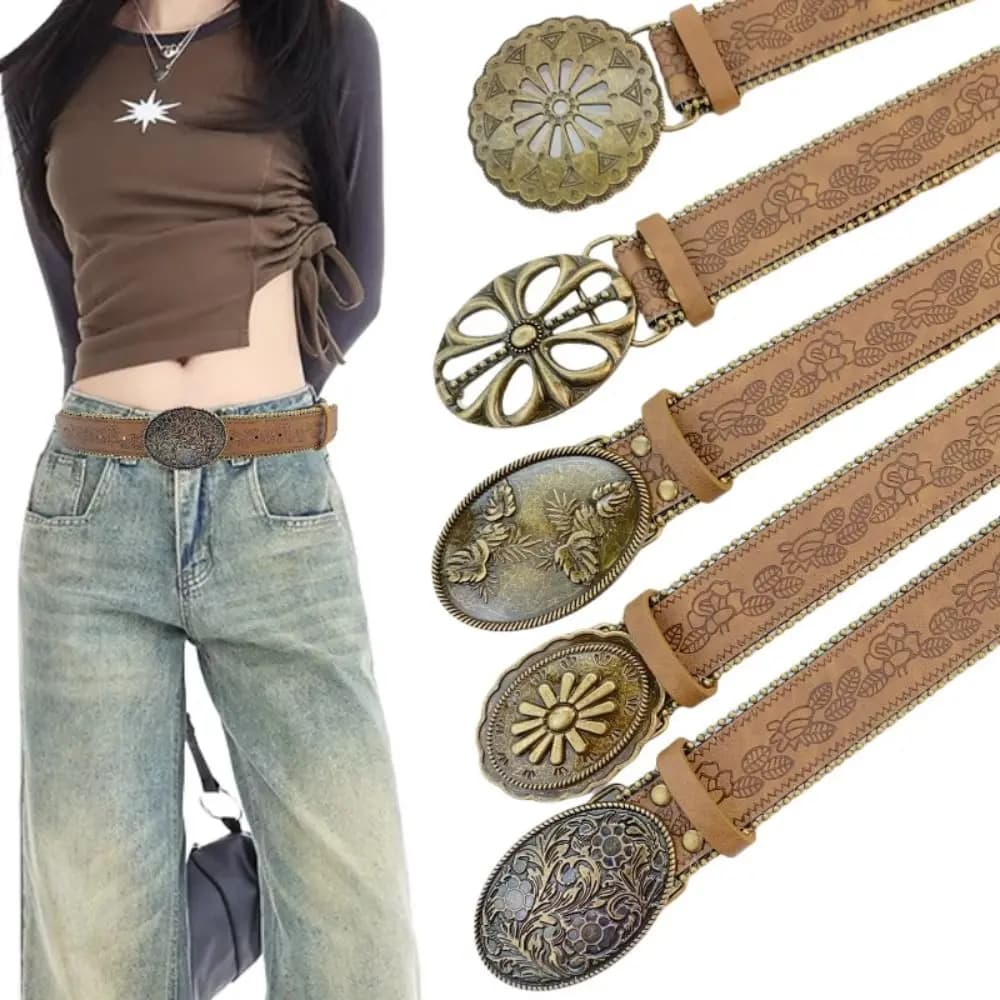 Cintura da donna regolabile alla moda Cintura da cowboy vintage in pelle PU Cintura occidentale Boho marrone per abiti pantaloni jeans