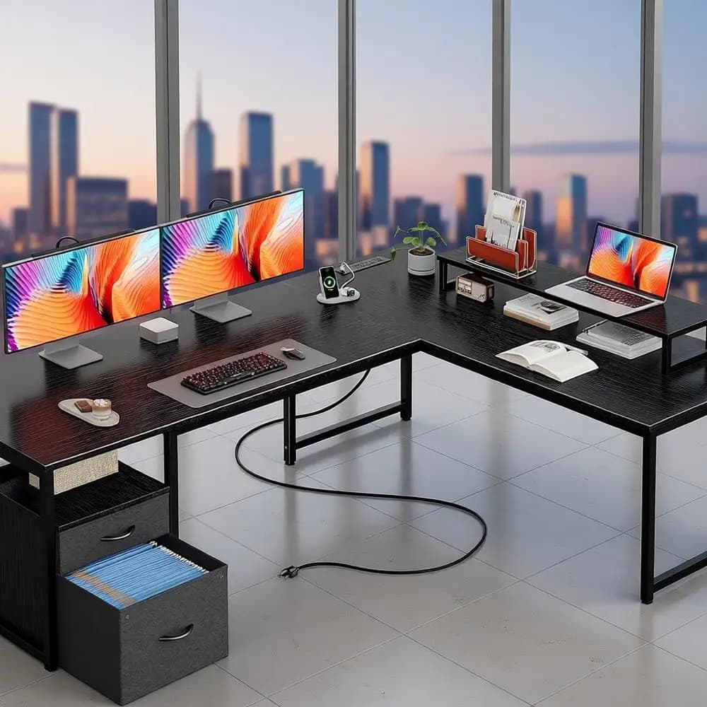 63-inch L-shaped desk with power and USB-C ports, office computer corner desk with storage, mobile monitor support, ideal for