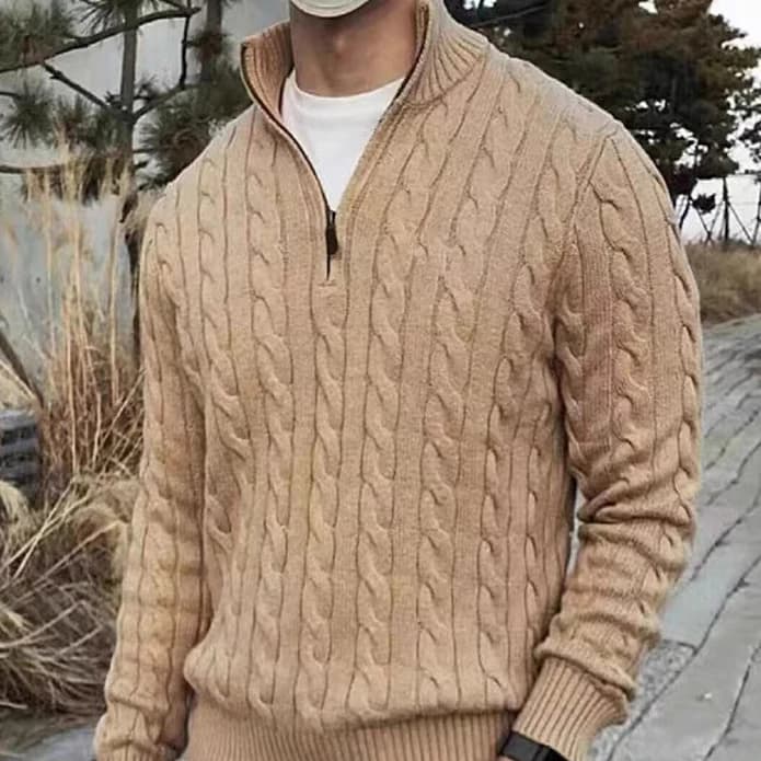 Maglione da uomo doppio strato in 100% cashmere puro, con mezza zip, tinta unita, collo alto a torsione, maglia intima.
