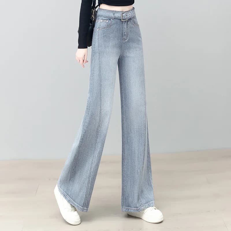 Jeans grigio chiaro da donna, pantaloni dritti a vita alta drappeggiati semplici e versatili primaverili e autunnali