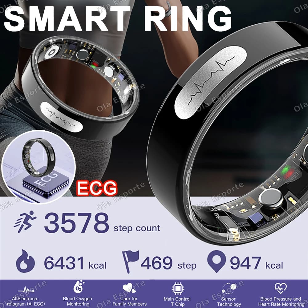 Intelligent Ring with ECG AI Detection, Blood Pressure Monitoring, Cardiaca Frequency, Body Temperature, Waterproof, Multisport Tracking for Men and Women