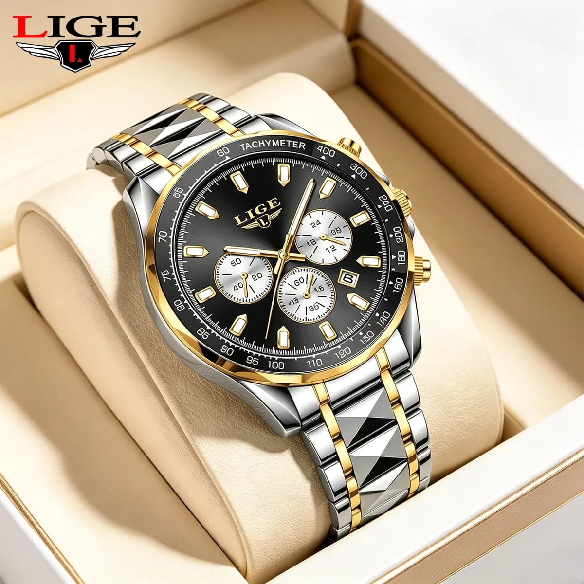 LIGE Luxury Men Watch Gold Waterproof Luminous Stainless Steel Sports Men's Watches Chronograph Date Quartz Watch For Man Reloj
