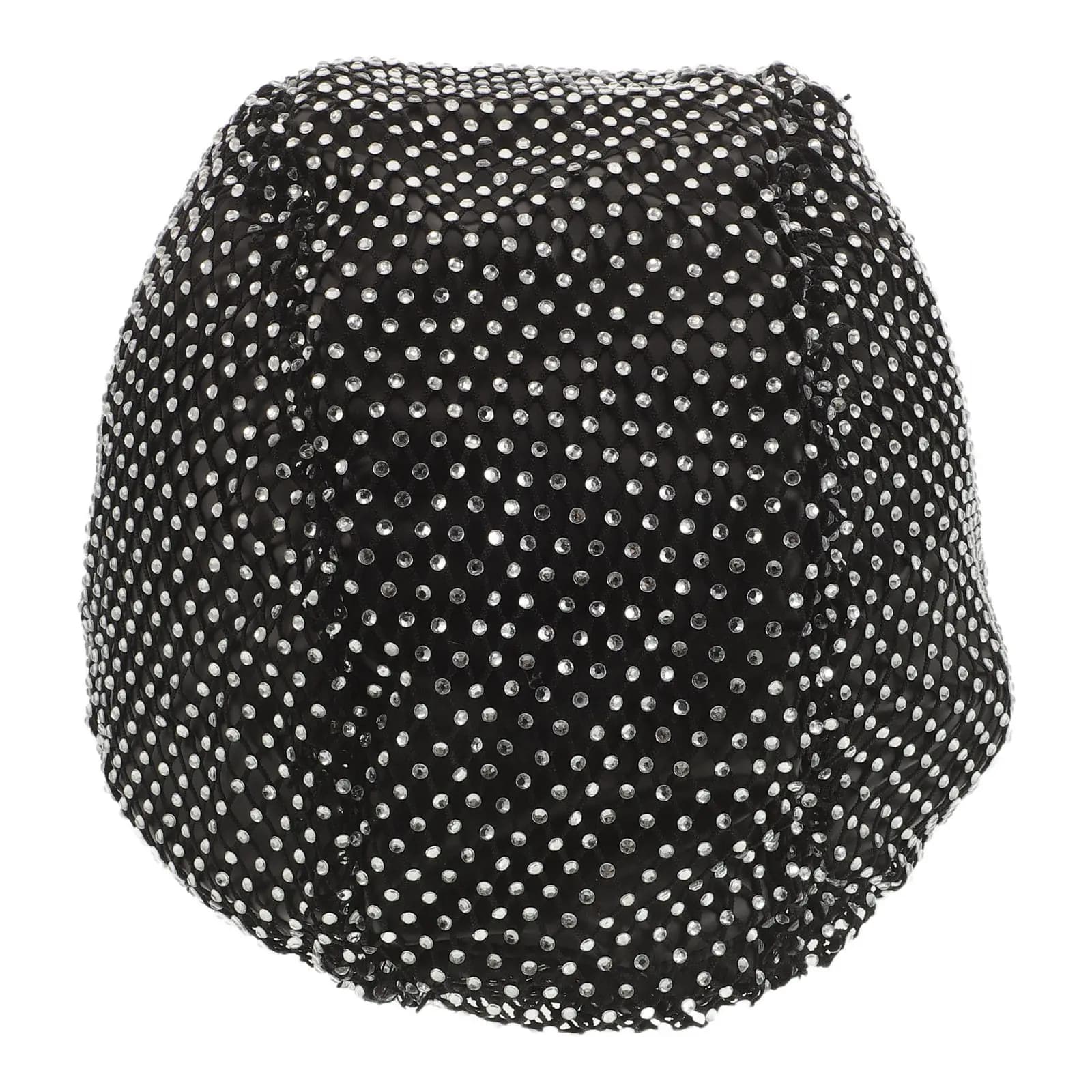Fashion Rhinestone Fishnet Swim Cap Black Stretchy PU Fabric Elastic Swim Hat Waterproof for Women Adult Thick Long Hair Bathing