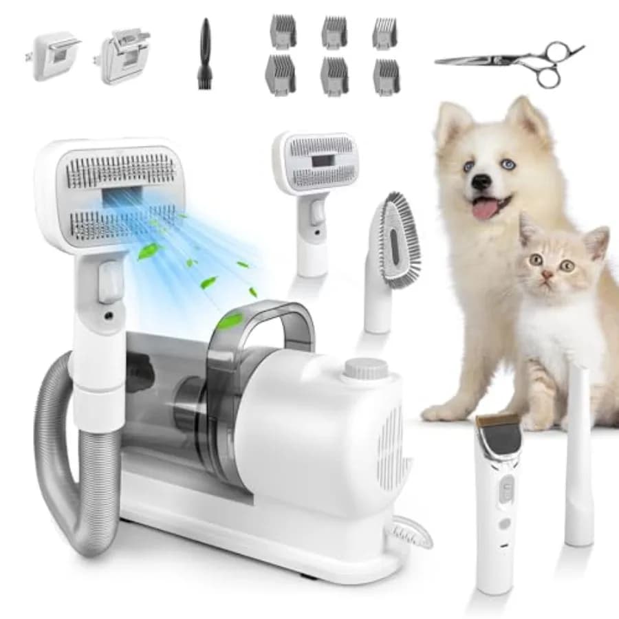 Kit Aspirapolvere 7-in-1 per Toelettatura Cani con Contenitore Polvere da 2.5L, Aspirazione 10000PA, Silenzioso, Rimuovi Peli per la Toelettatura di Cani e Gatti