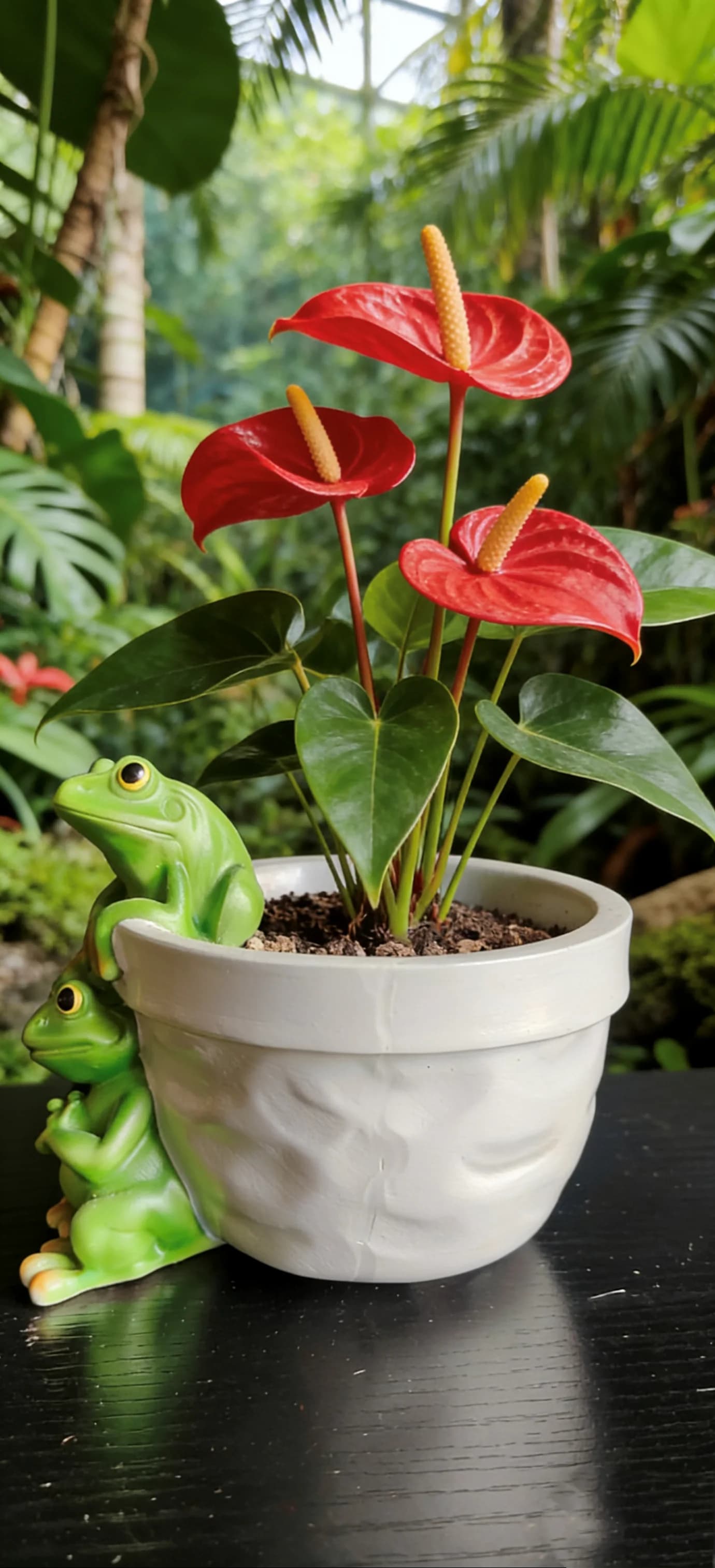 Nice Rana Shaped Resin Vase with Artificial Plant of Anthurium Red - Home Decoration, Desk, Bathroom, Garden and Patio Flower Jar, Gift Idea
