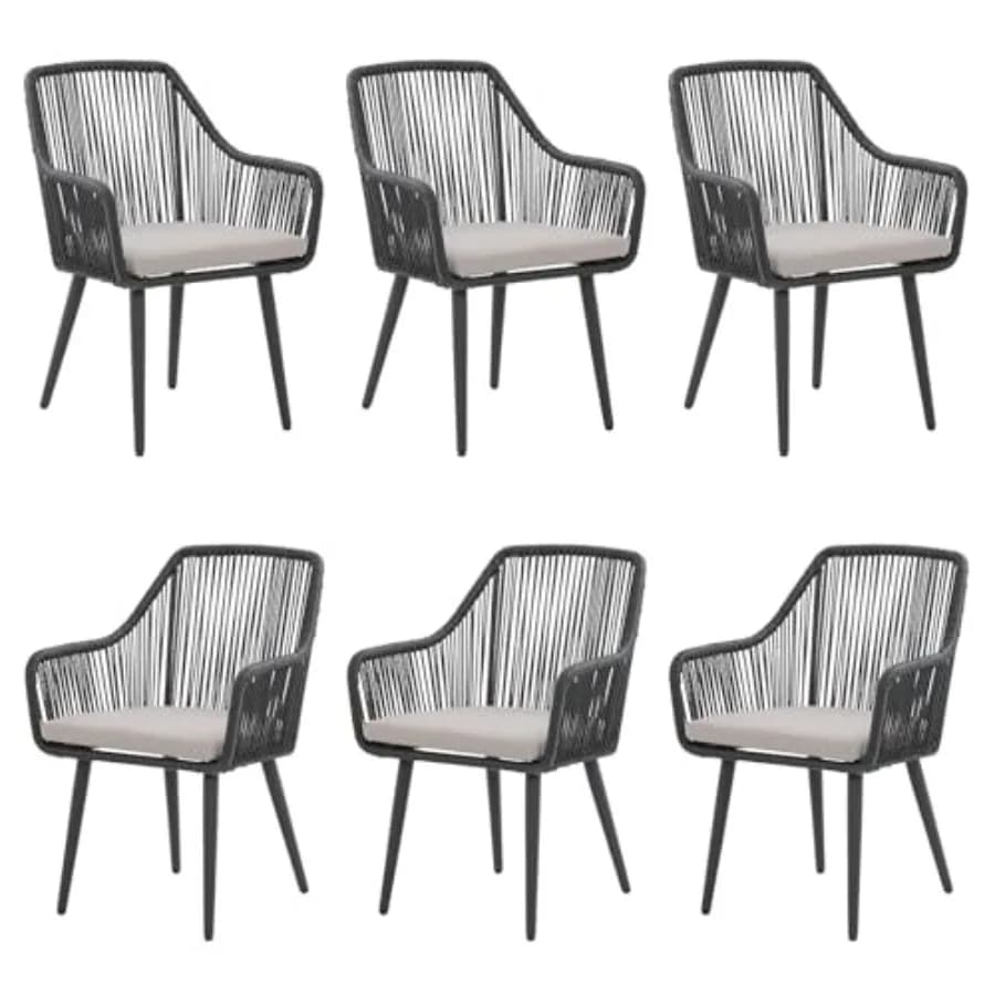 Outdoor Dining Chairs Set of 6, 6 Pieces Woven Rope Patio Chairs with Armrest and Seat Cushions for Outside Porch, Balcony or I