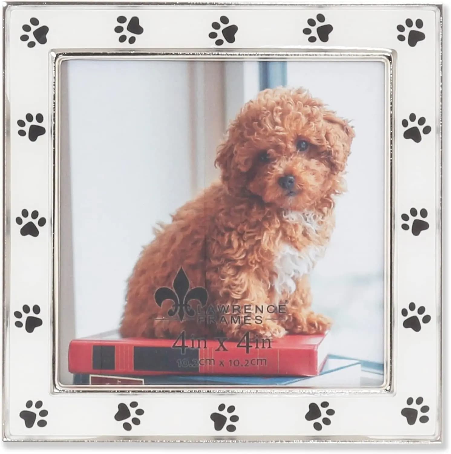 Silver & White Enamel Pet Picture Frame, Paw Print Design, 4x4