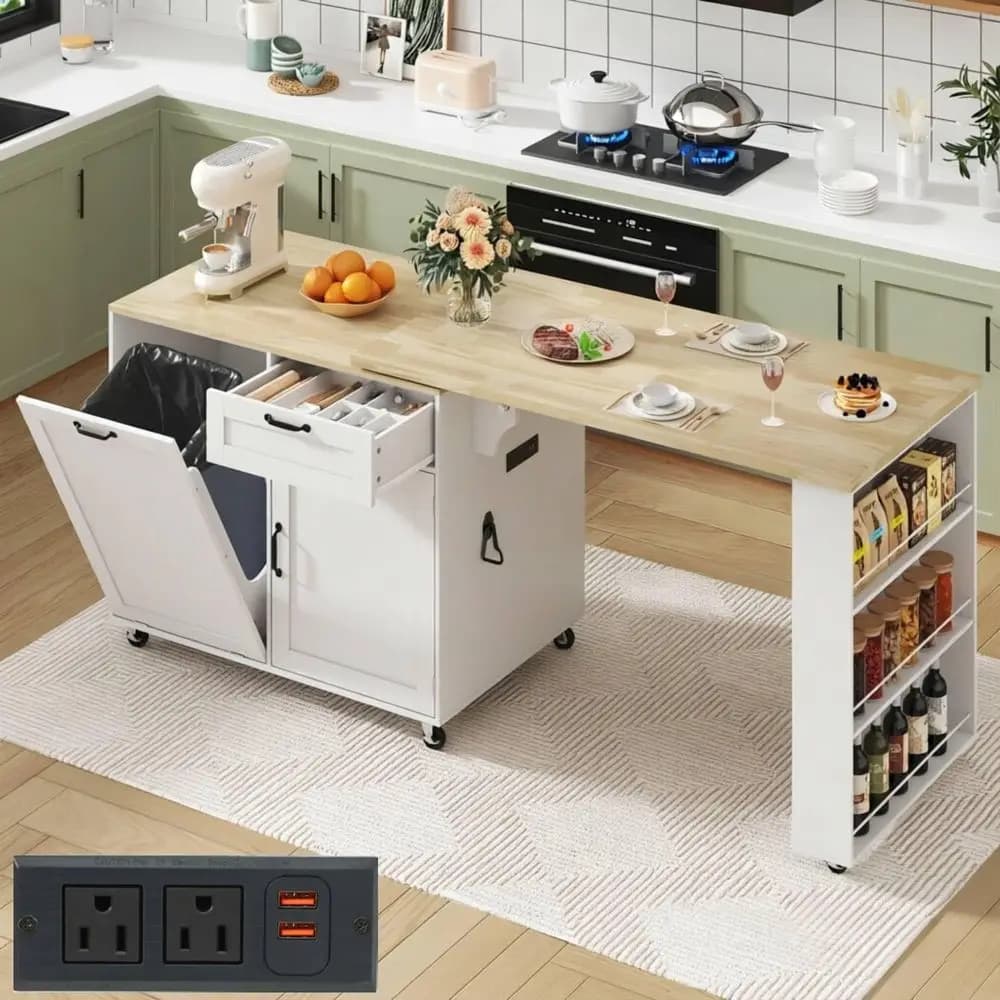Isola da Cucina con Contenitore per Rifiuti e Prese Elettriche, Carrello da Cucina con Ruote e Tavolo Estensibile Girevole a 360°, 6T