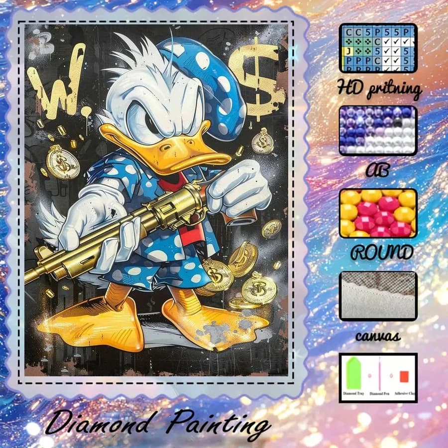 1 piece - Potdemiel-5D-DIY - Flocking cloth - Special drill - Diamond painting set - Donald Duck, gold coins - Diamond art