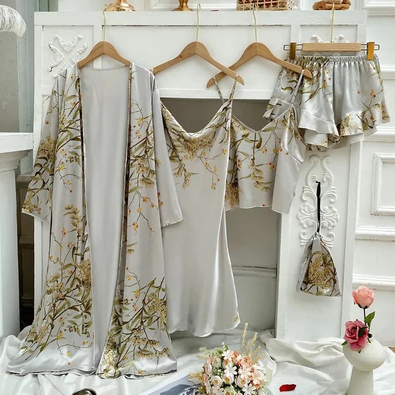 Set Pigiama Estivo da Donna in Raso con Stampa, Vestaglia, Camicia da Notte, Top con Spalline e Pantaloncini, Abbigliamento da Casa d'4