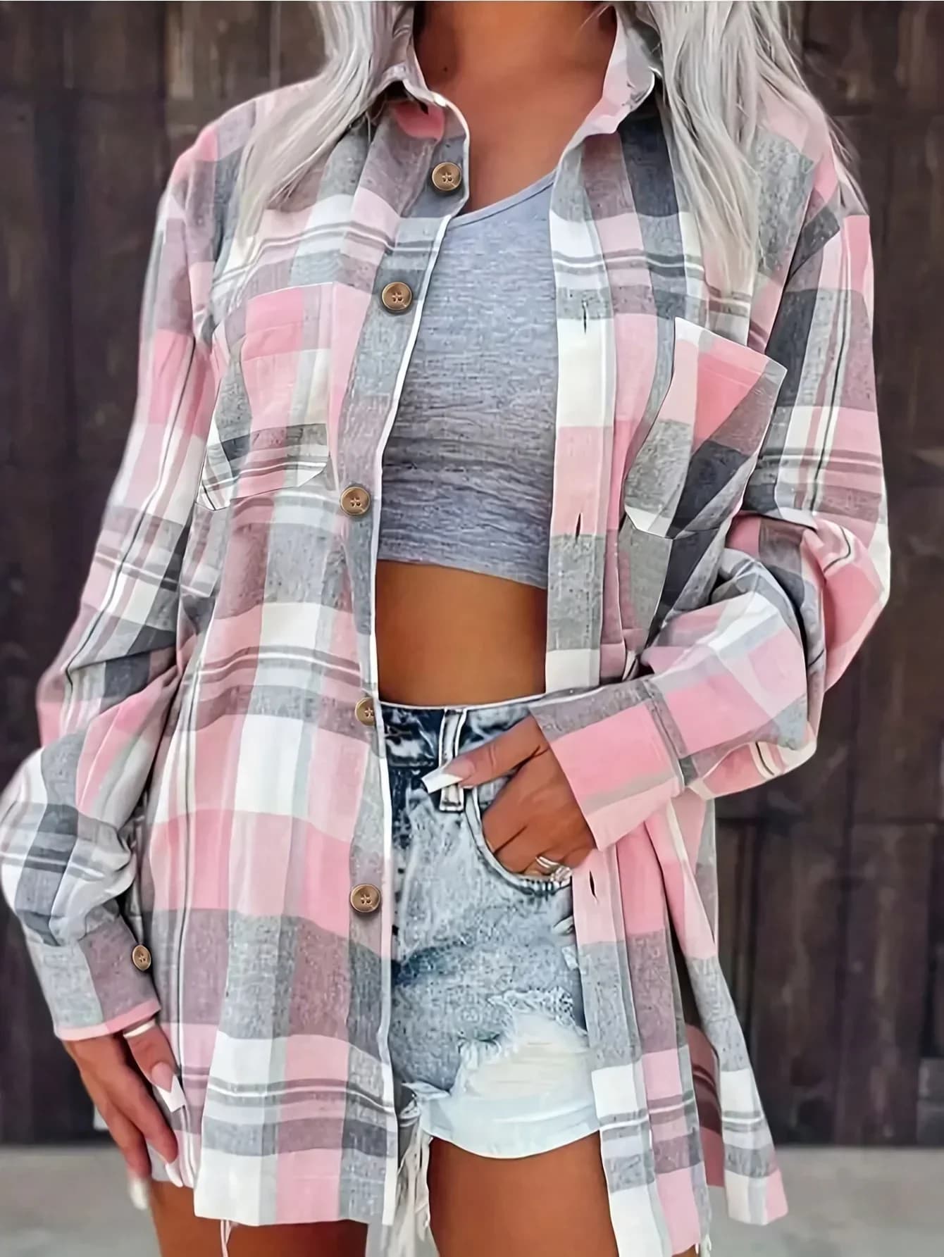 Camicia da donna stampata scozzese alla moda taglie forti Camicia casual ampia a maniche lunghe con design a bavero Top