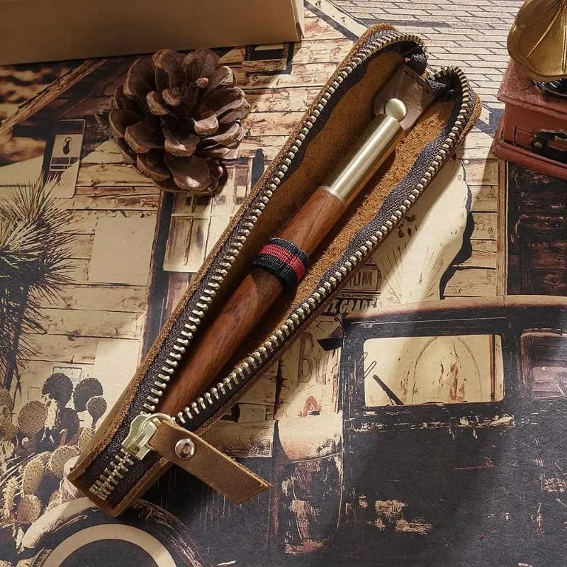 Cowhide Zippered Pen Protector Case Mini Scratch-Resistant Pencilcase Pouch Office Student Daily Use Stationery Storage Bag