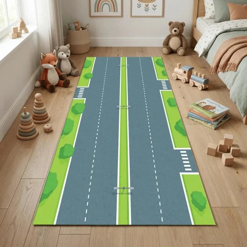 Modern Road Runner Carpet for Children's Room or Games Area, Funny Black Theme Car Racing Cars for Toy Cars, Corridors or as Decorative Element for the Bedroom