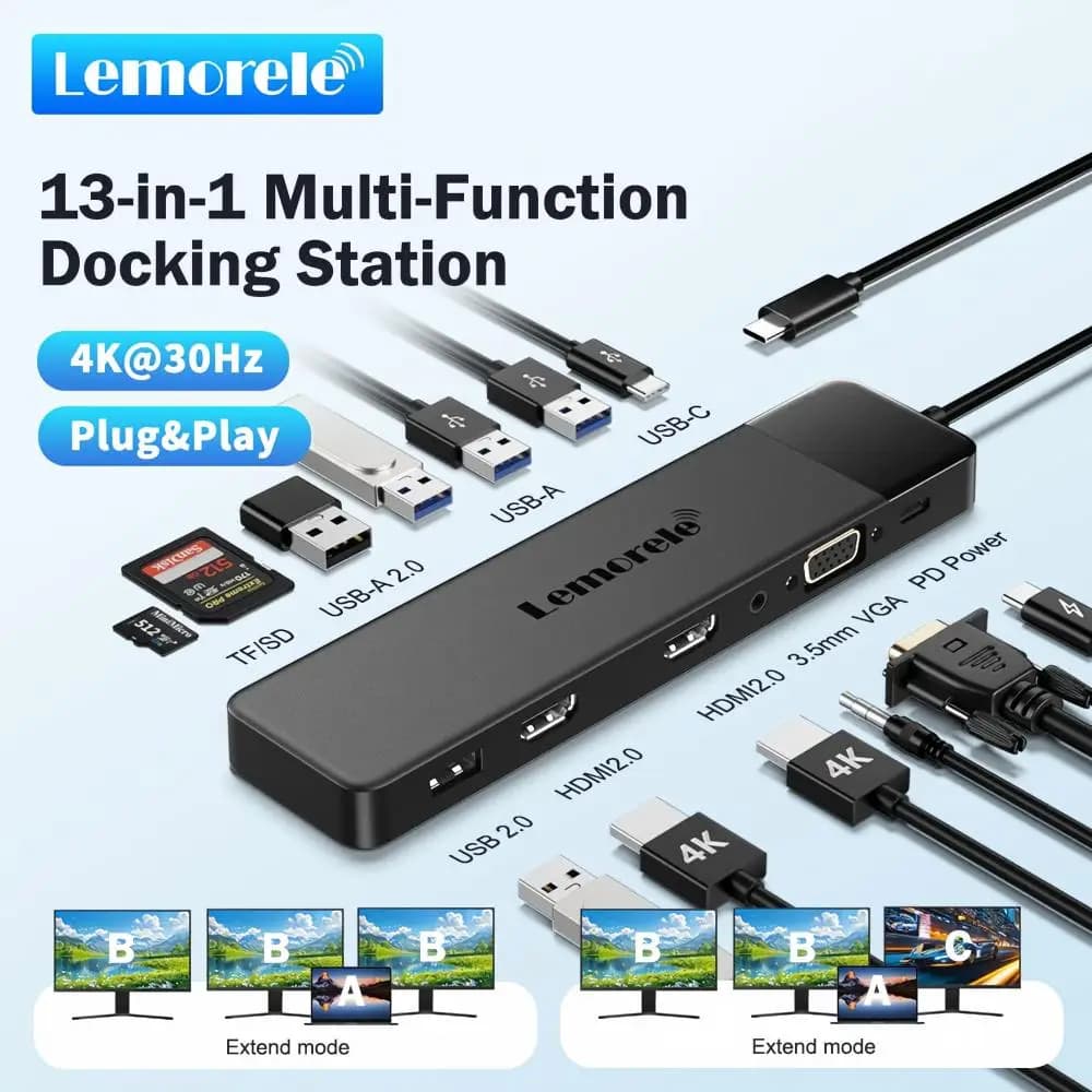 Lemorele Hub USB C 13-in-1 4K30Hz HDMI USB3.0 PD100W Docking Station RJ45 VGA SDTF Splitter USB per Laptop Macbook Pro Air iPad