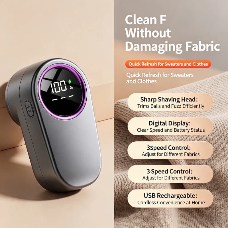 Compact Rechargeable Lint Remover for Clothes Electric Fabric Shaver Sweater Defuzzer with Digital Display Home Travel Use