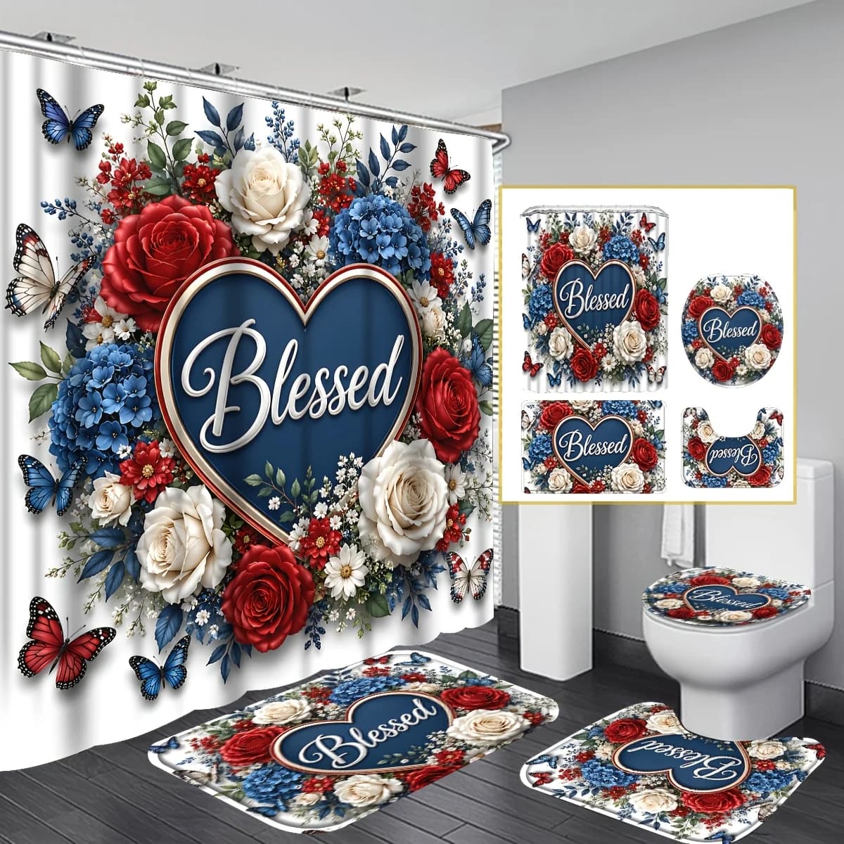 4pcs Blessed Heart Rose Floral Butterfly Shower Curtain & Set with Non-Slip Rug, U-Shaped Toilet Mat & Lid Cover - Suitable for Home Decor, Machine Washable Bathroom Accessories with Hooks, Faith-Themed Gift for