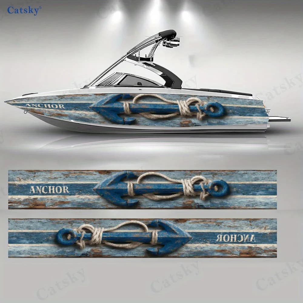Corda di canapa con ancoraggio per barca blu su tavola di legno Adesivo per barca Deck pontone per nave in vinile Decalcomania decorativa per barche pontone per barche da pesca